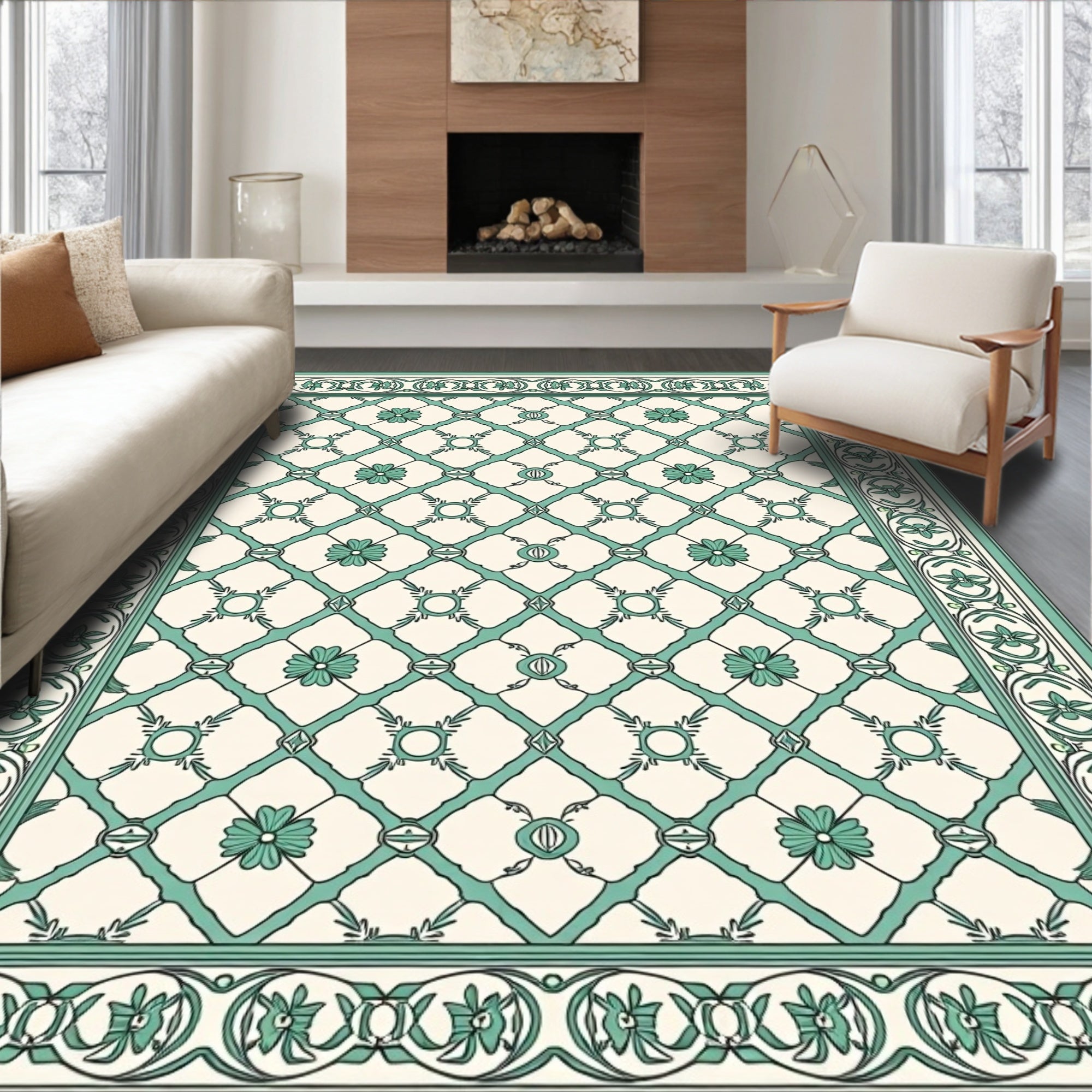 Mint Green Lattice Floral Art Deco Rug