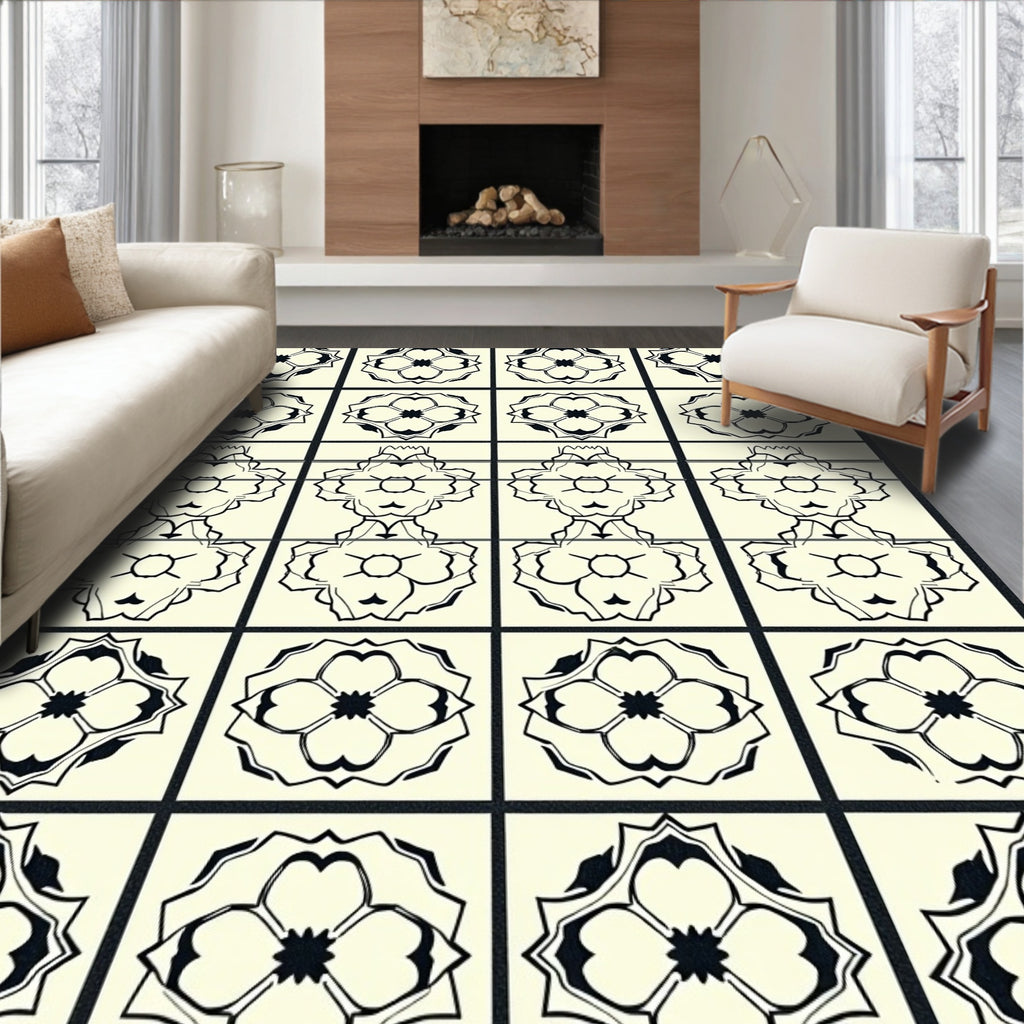 Monochrome Floral Symmetry Design Rug