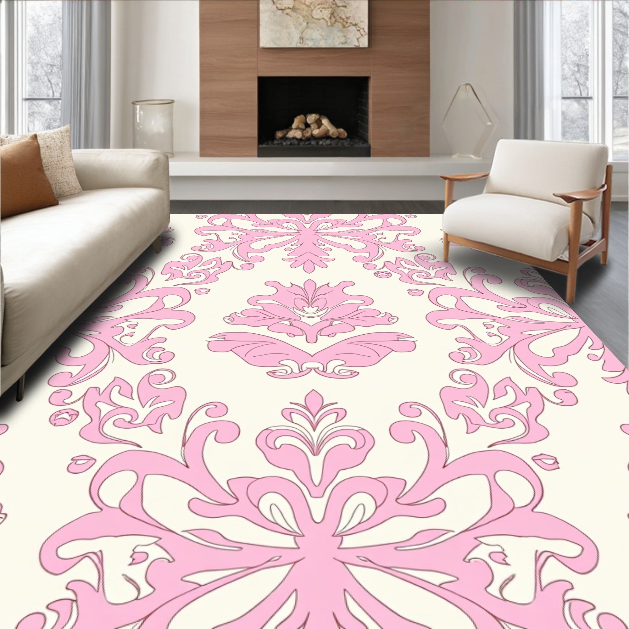 Pink Floral Damask Pattern Rug