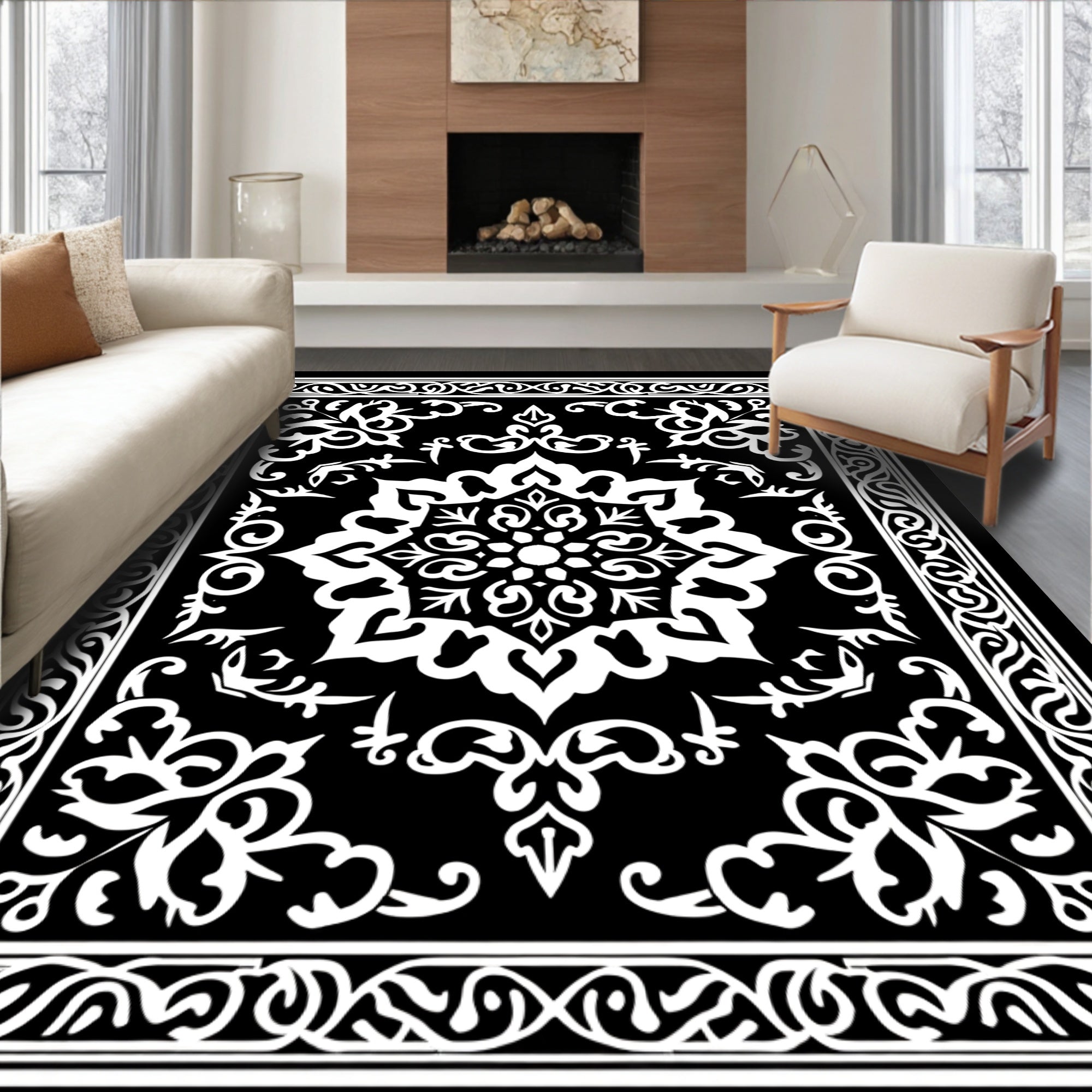 Monochromatic Floral Scrollwork Lace Design Rug