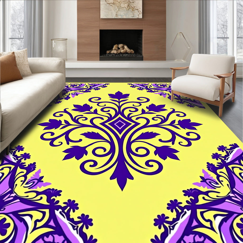 Vibrant Purple Yellow Floral Pattern Rug