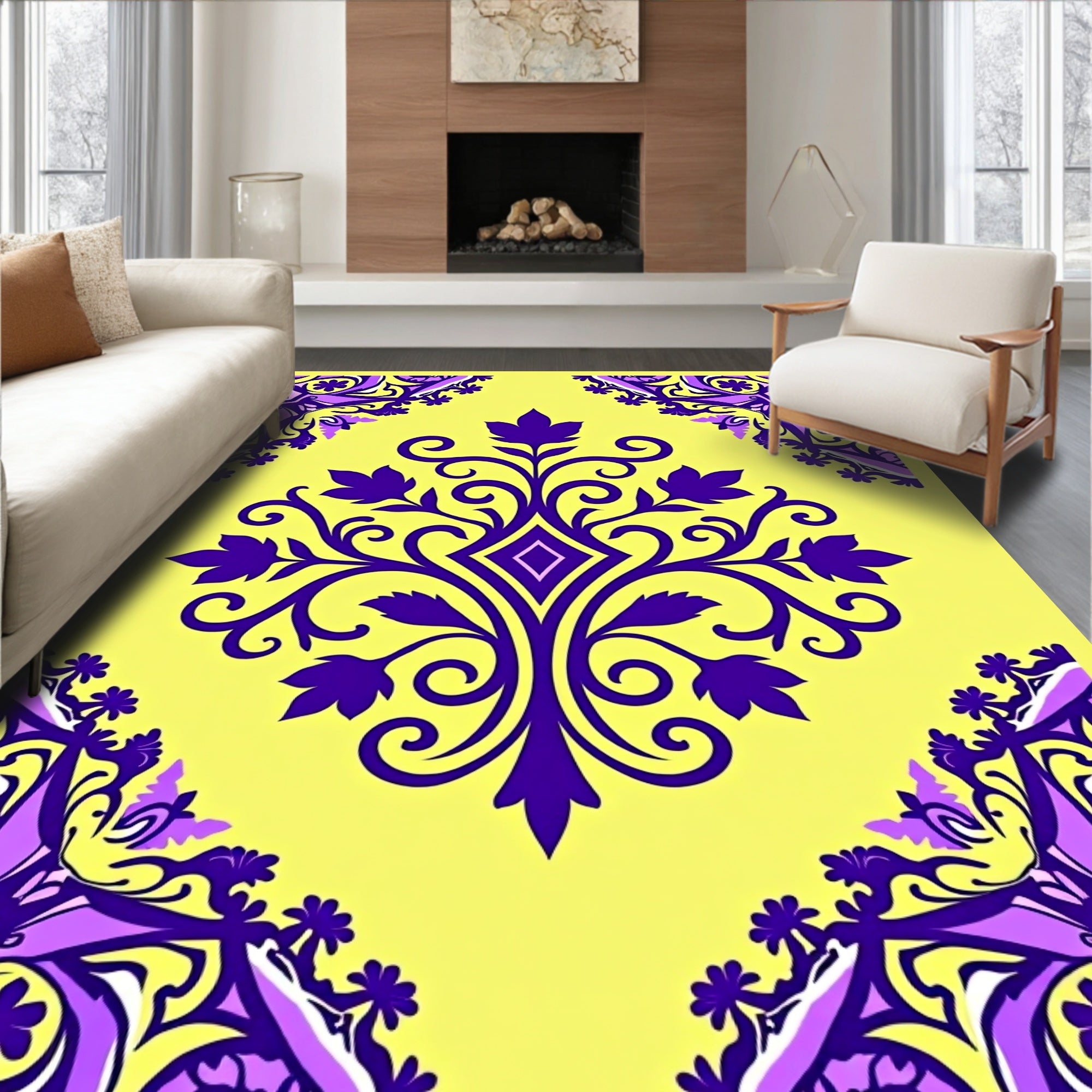 Vibrant Purple Yellow Floral Pattern Rug