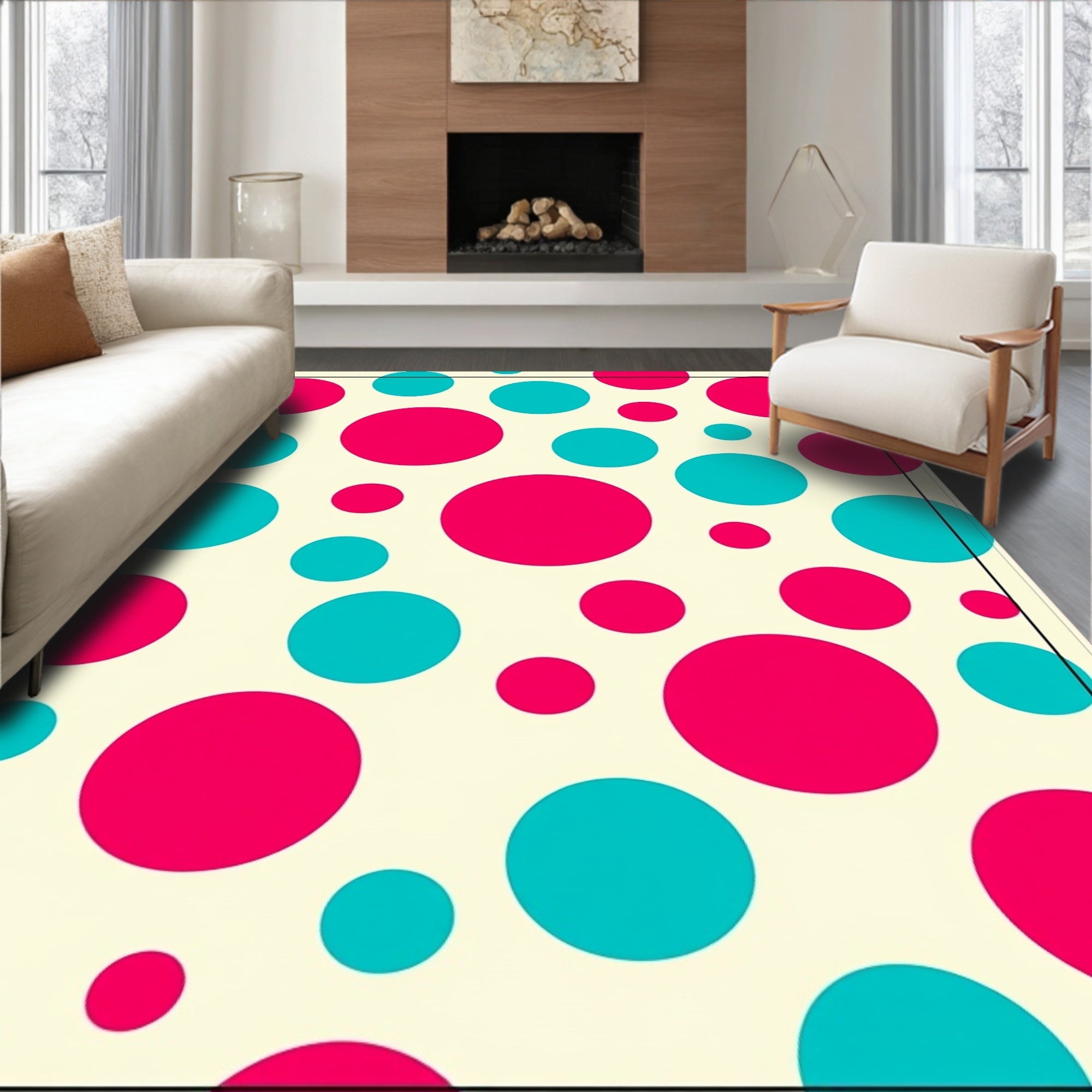Playful Pink Teal Polka Dot Pattern Rug