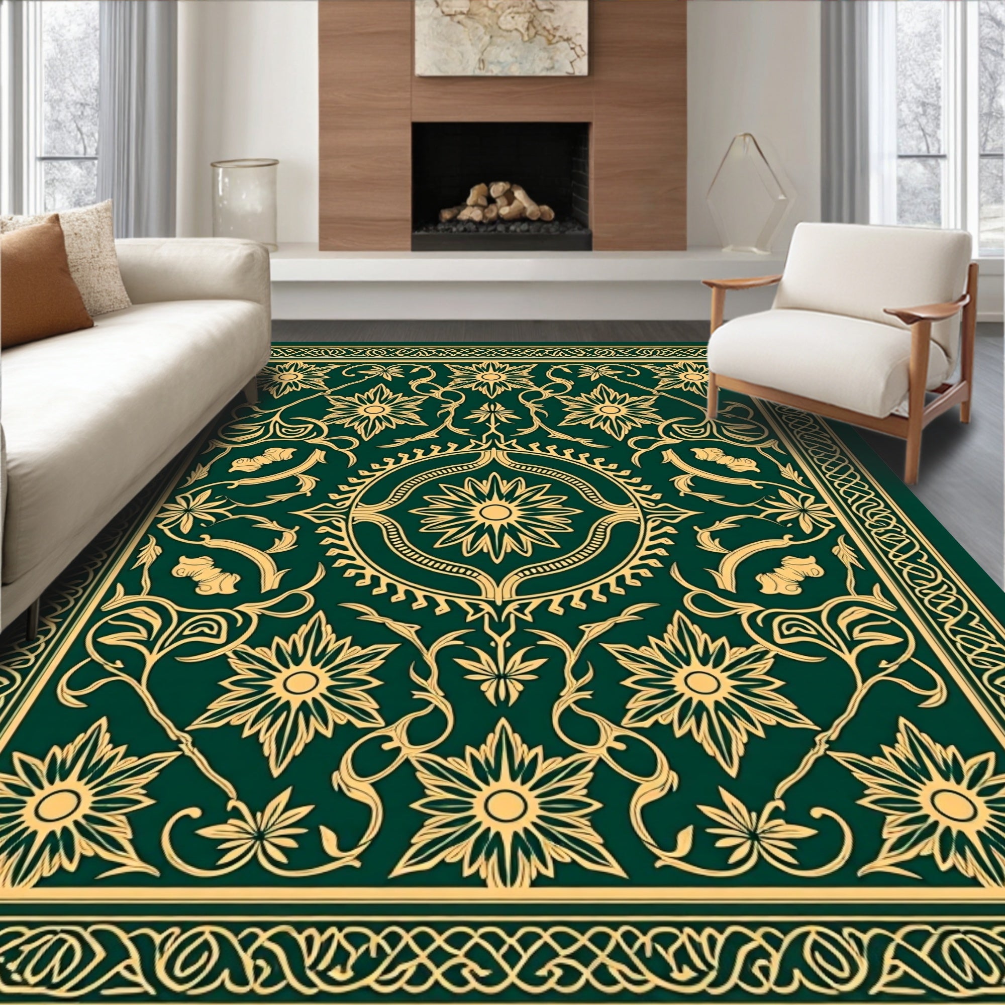 Ornate Floral Medallion Emerald Pattern Rug