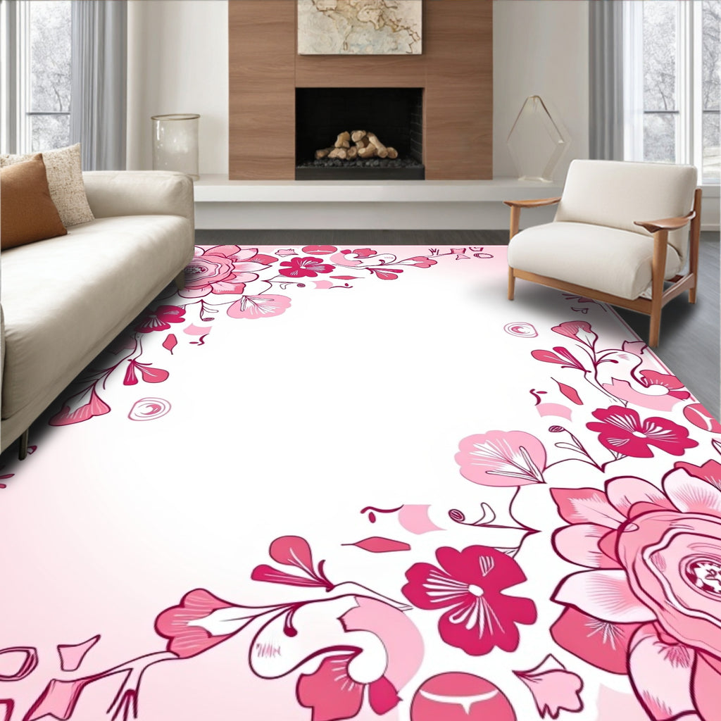 Pink Blooming Floral Sketch Pattern Rug