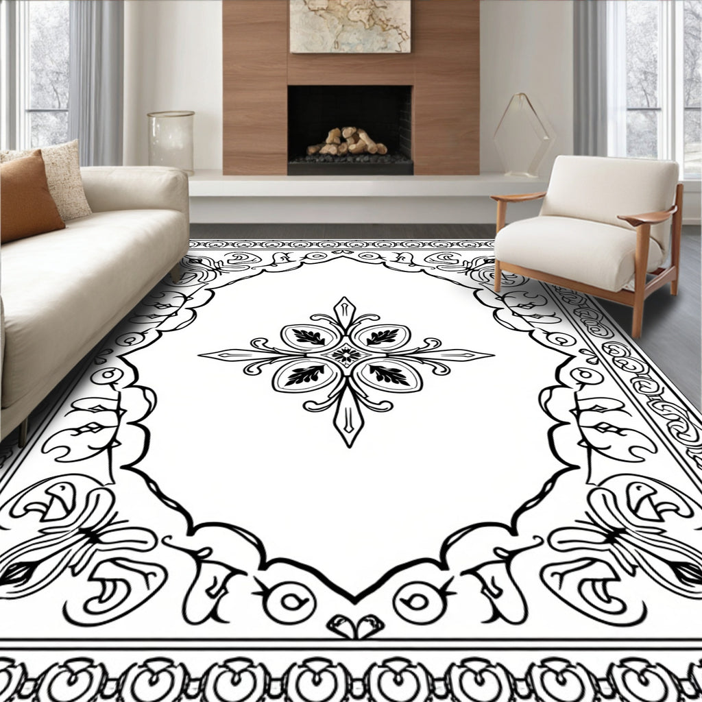 Classic Black White Floral Scroll Rug