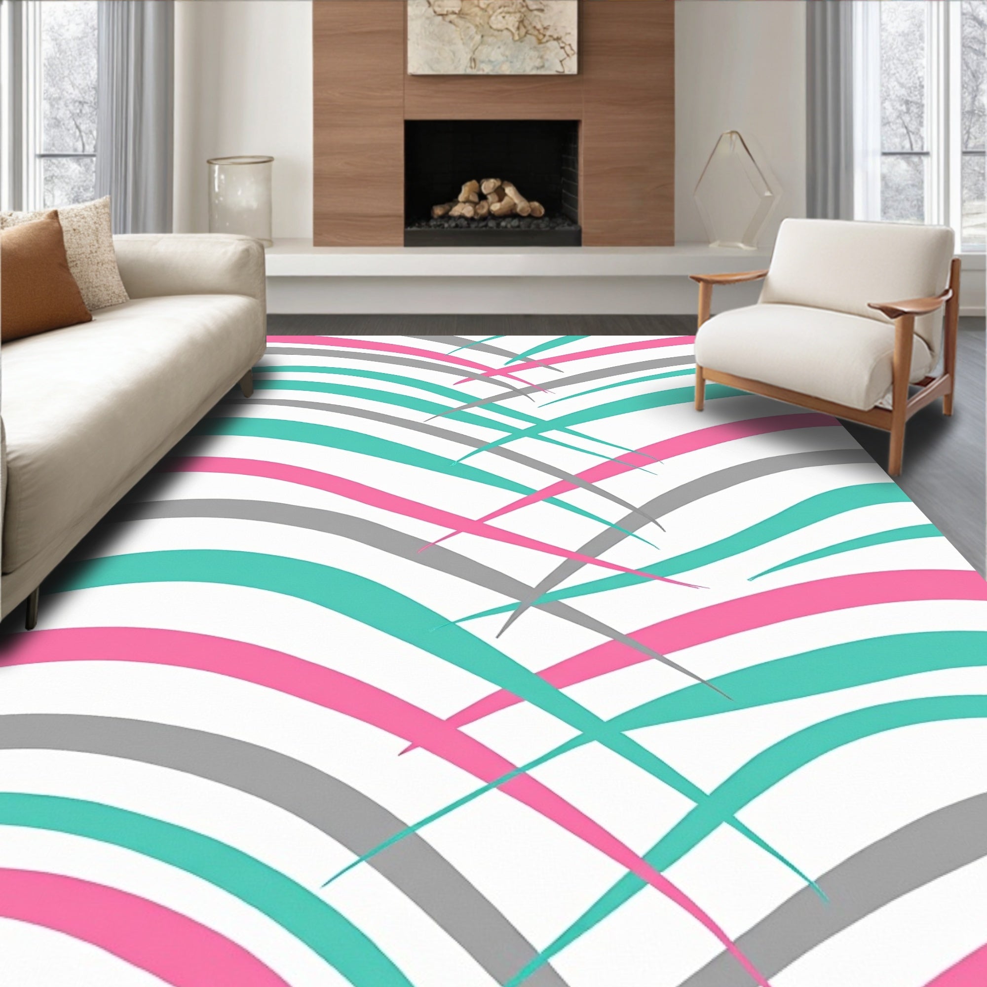 Teal Pink Gray Abstract Waves Rug