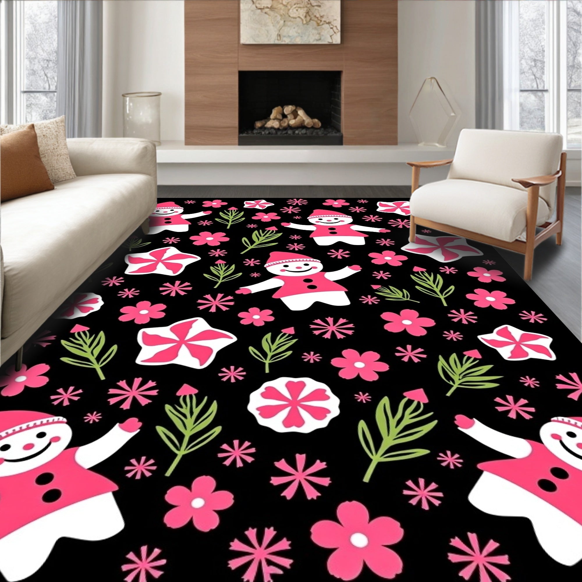 Whimsical Snowman Flower Cluster Art Rug