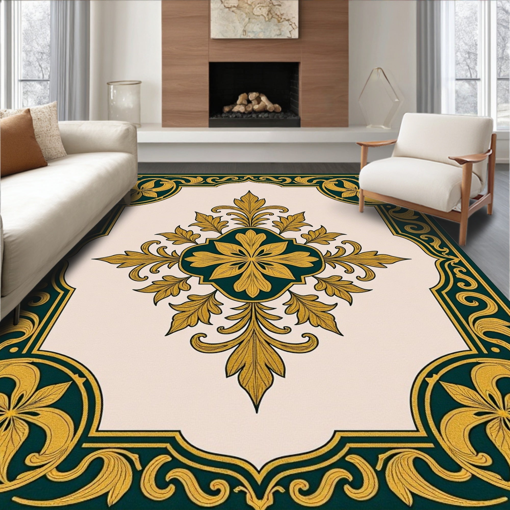 Ornate Golden Floral Border Design Rug