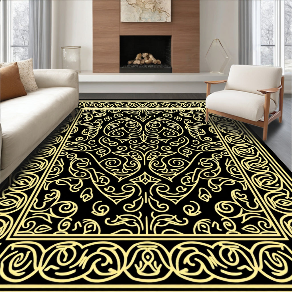 Ornate Scrollwork Yellow and Black Rug