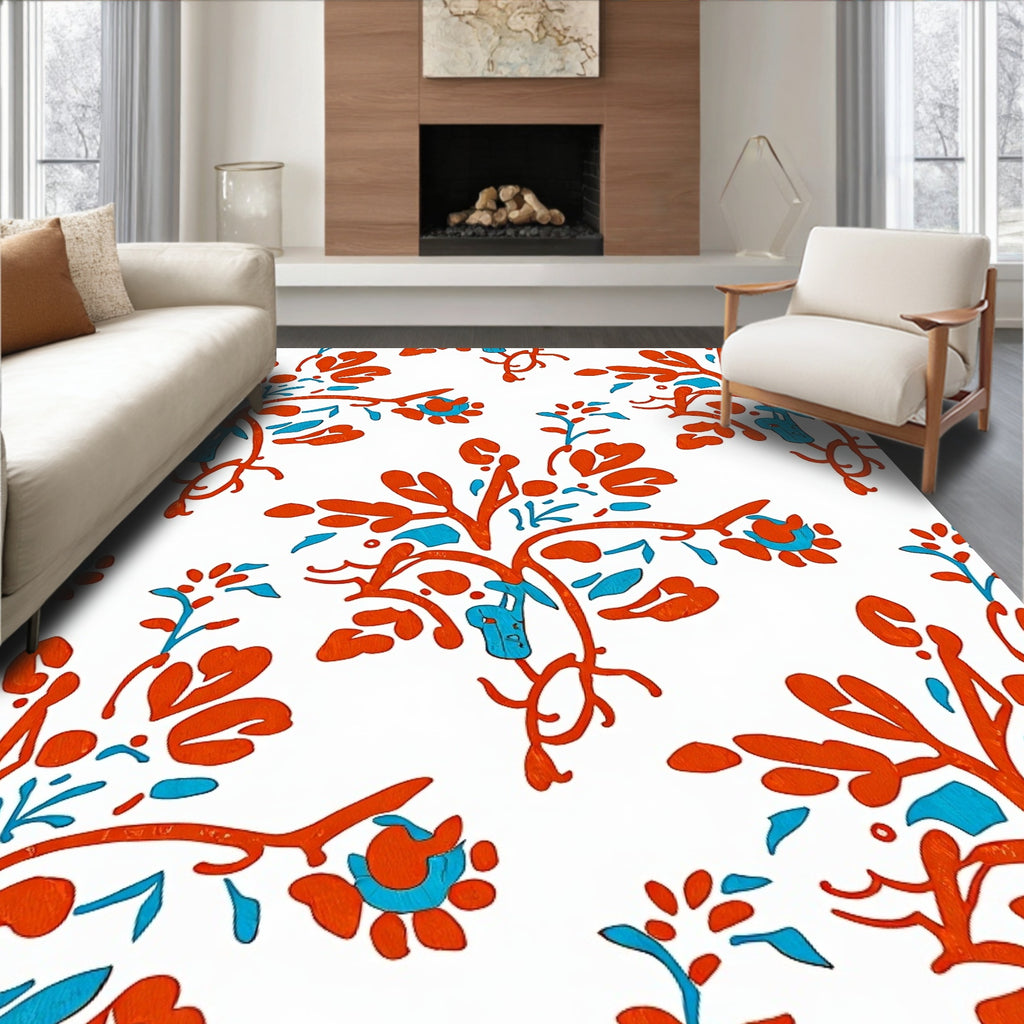 Orangey Red Blue Floral Branches Rug