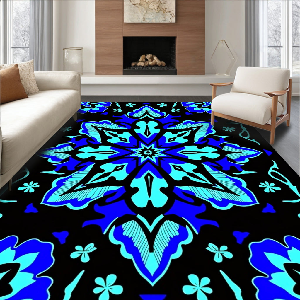 Bold Blue Floral Mandala Pattern Rug