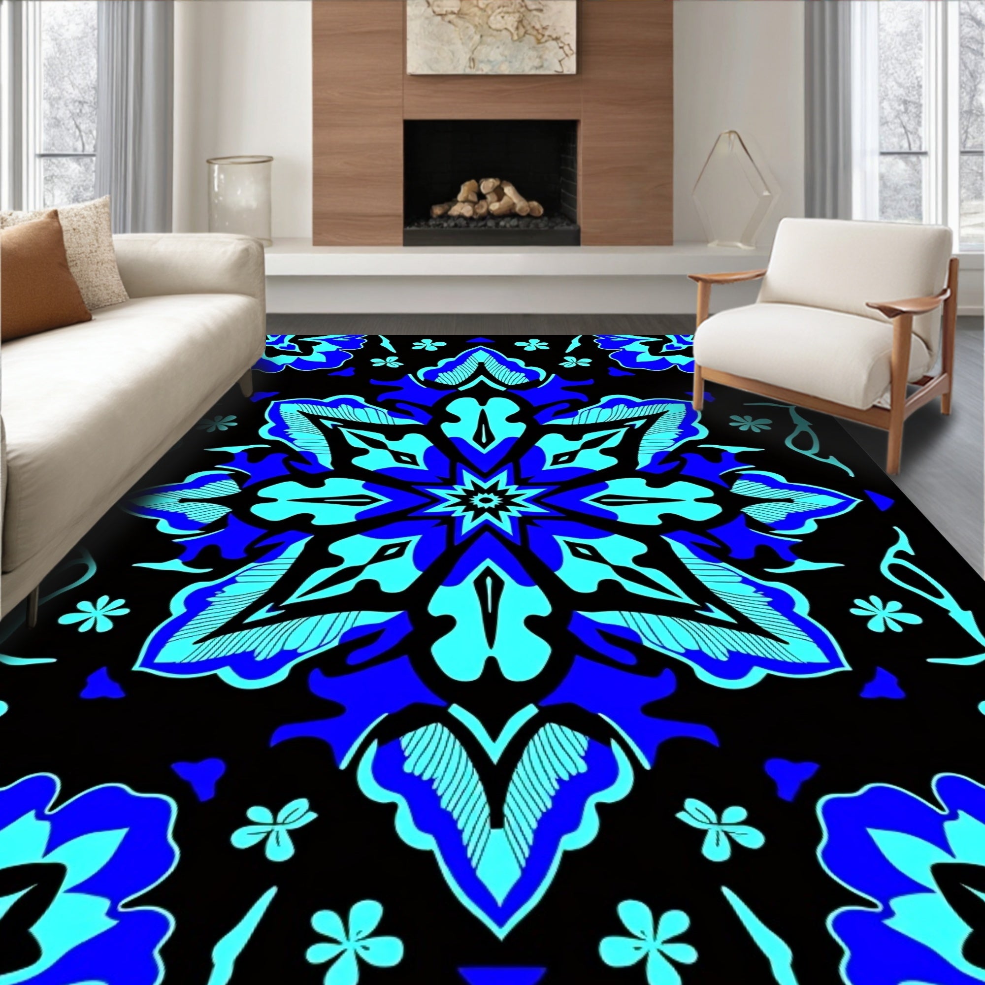 Bold Blue Floral Mandala Pattern Rug