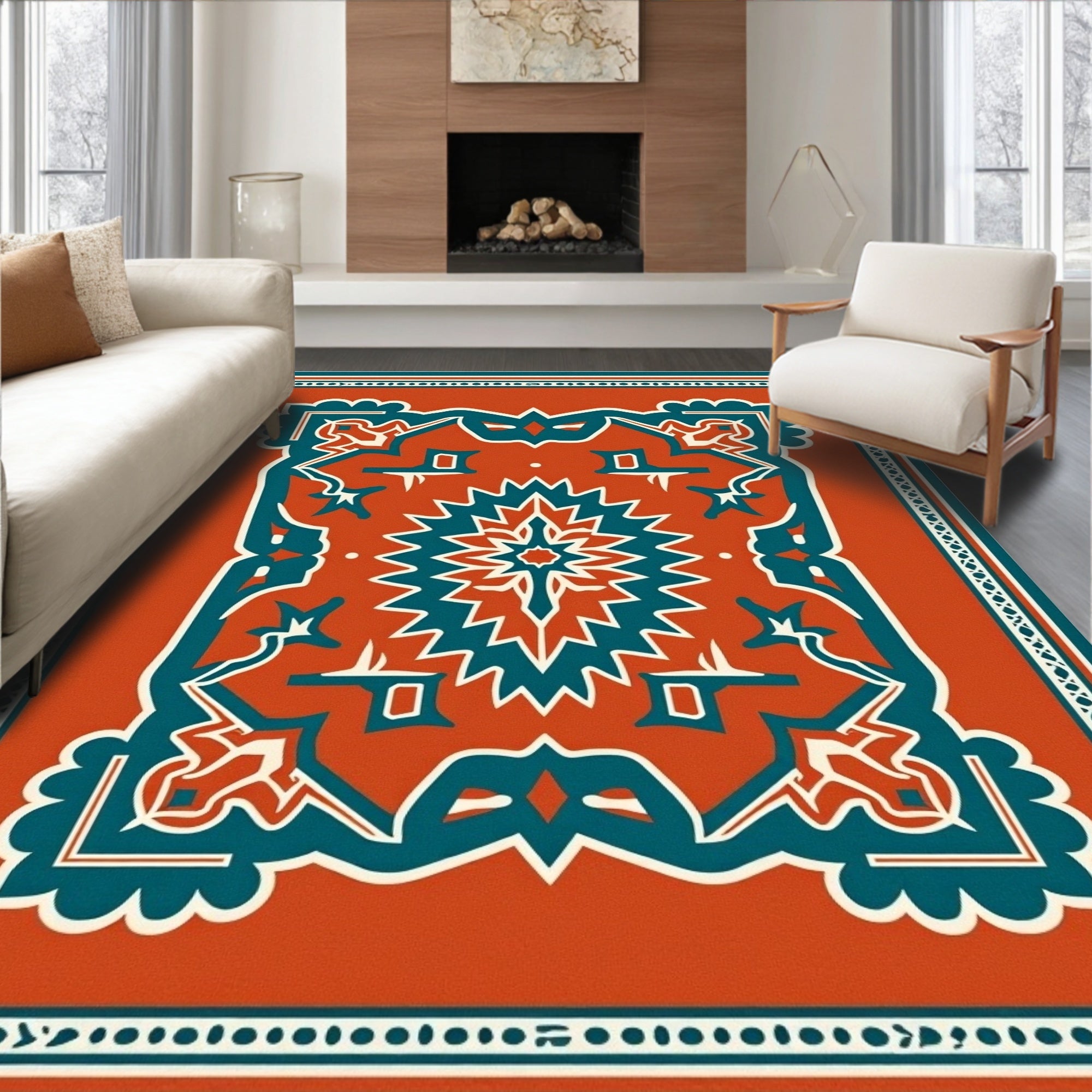 Bold Terracotta Geometric Medallion Design Rug