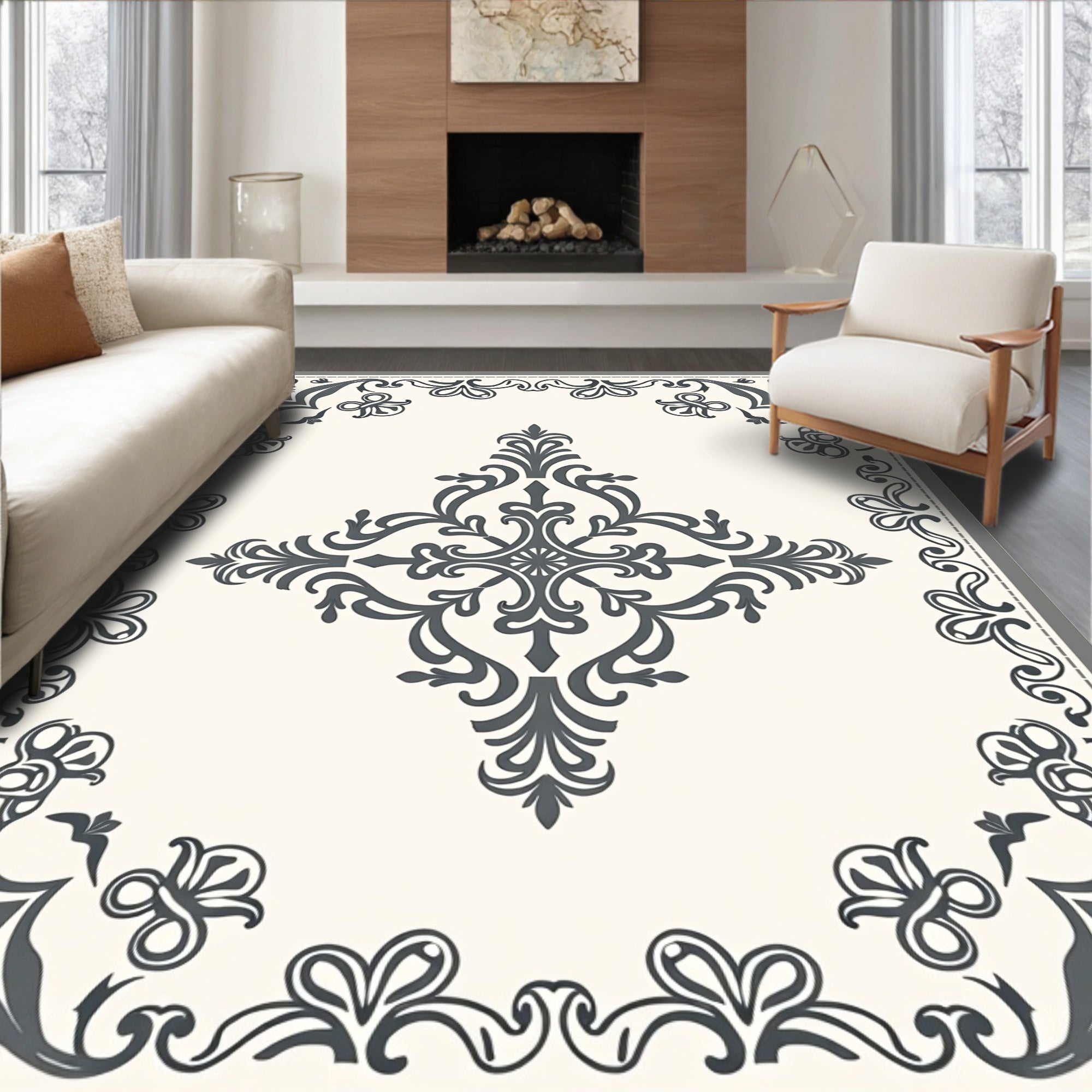 Classic Damask Floral Scrollwork Pattern Rug