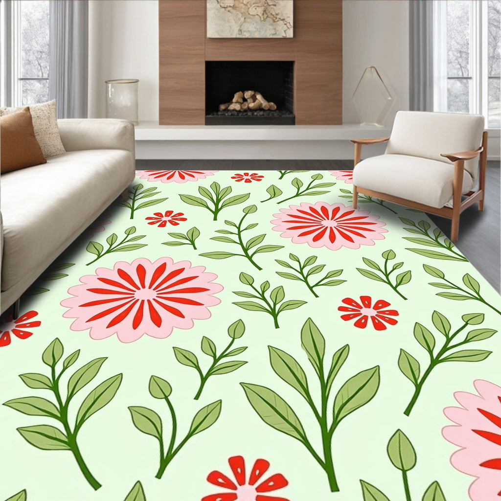 Pink Red Blooming Floral Leaf Pattern Rug