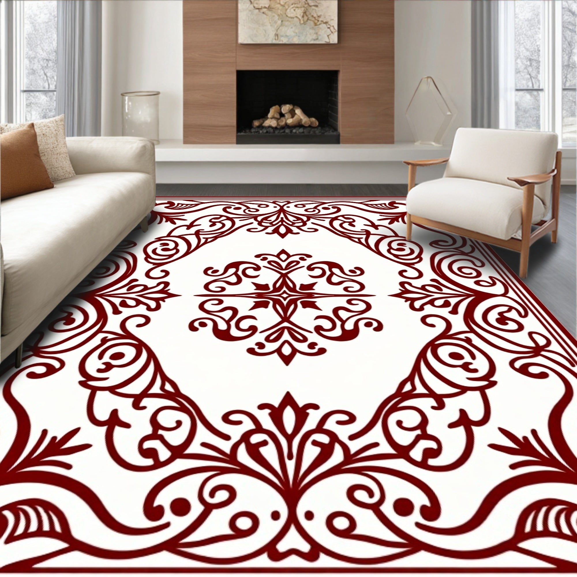 Ornate Red Damask Scrollwork Pattern Rug