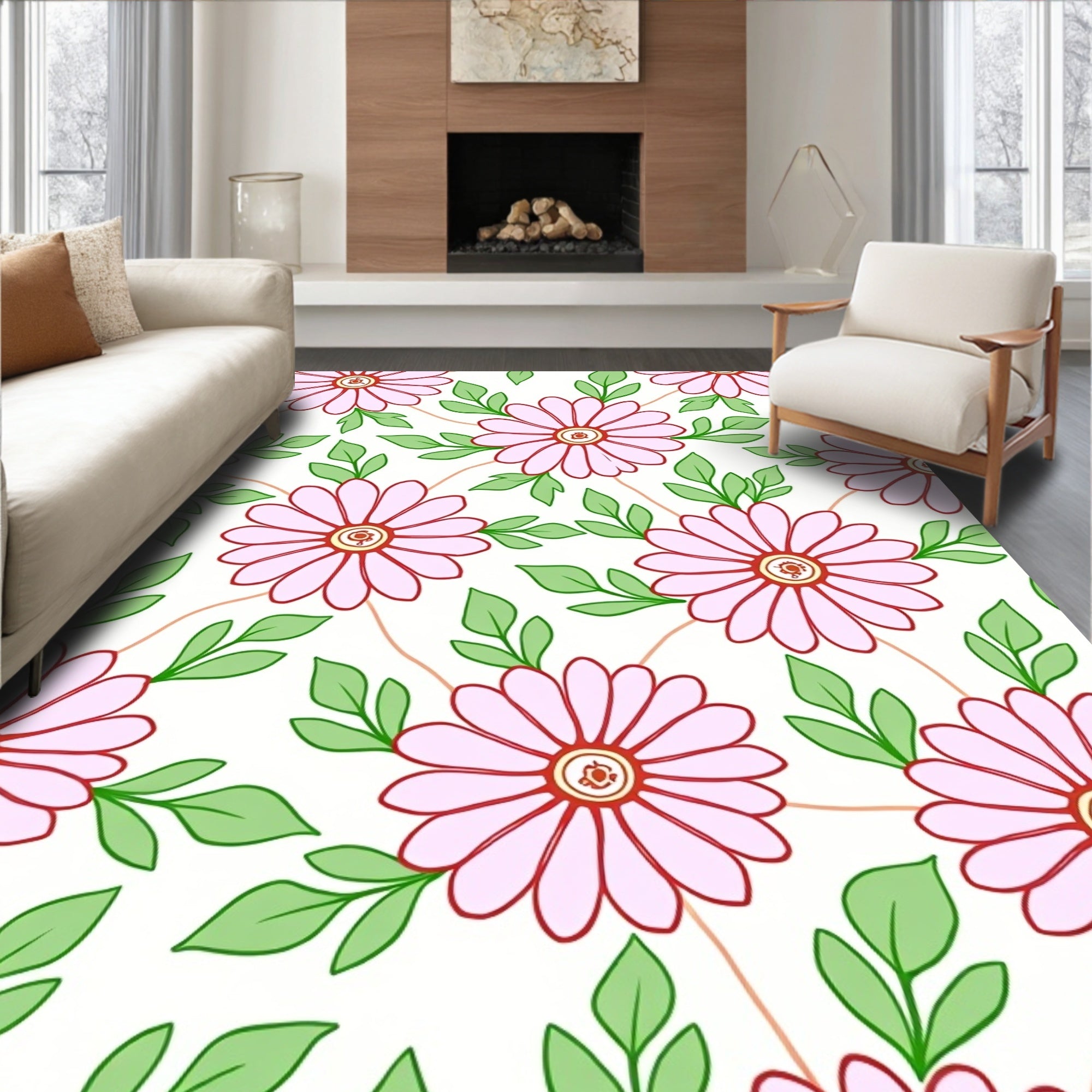 Delicate Pink Daisy Floral Pattern Rug