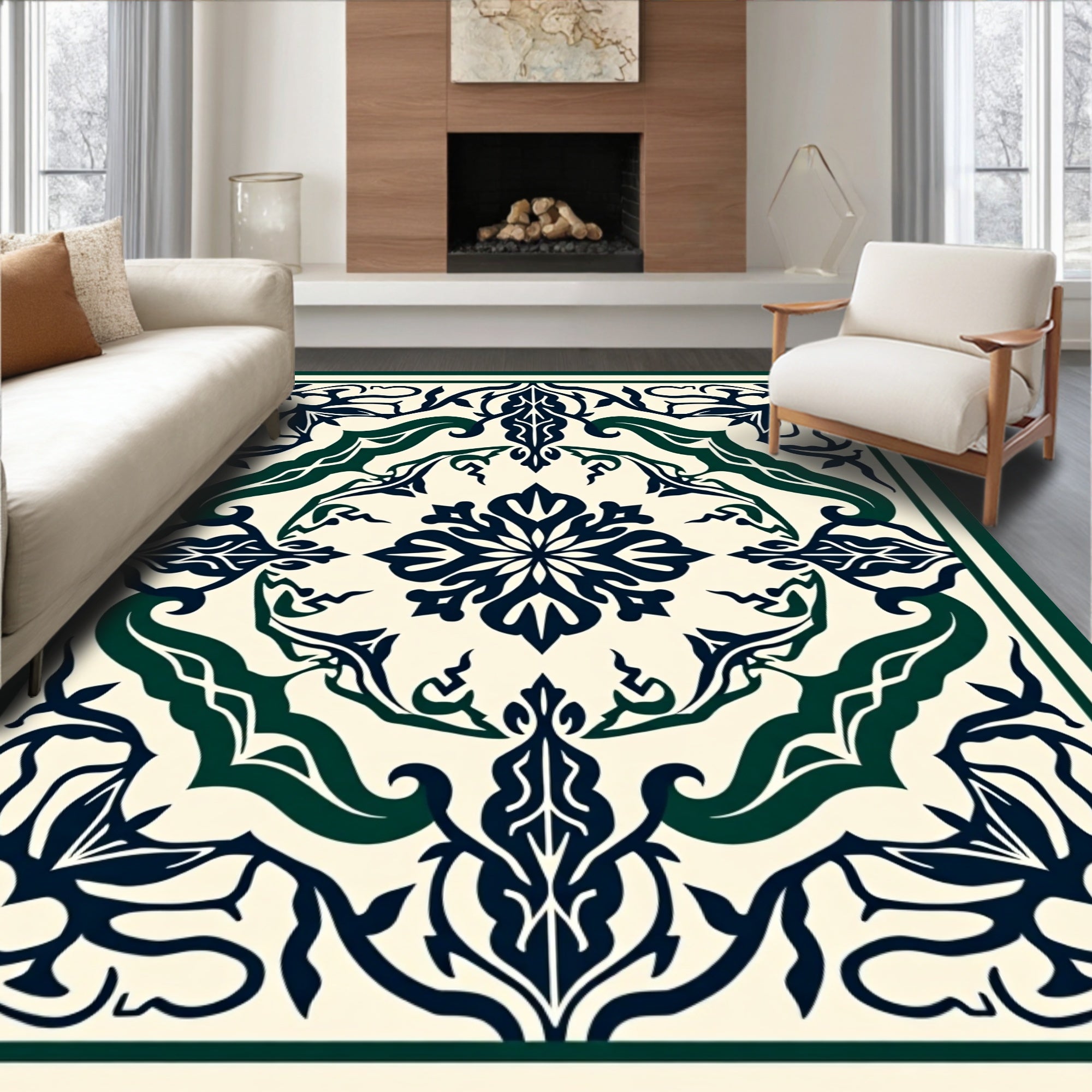 Ornate Floral Swirls Cream Green Rug