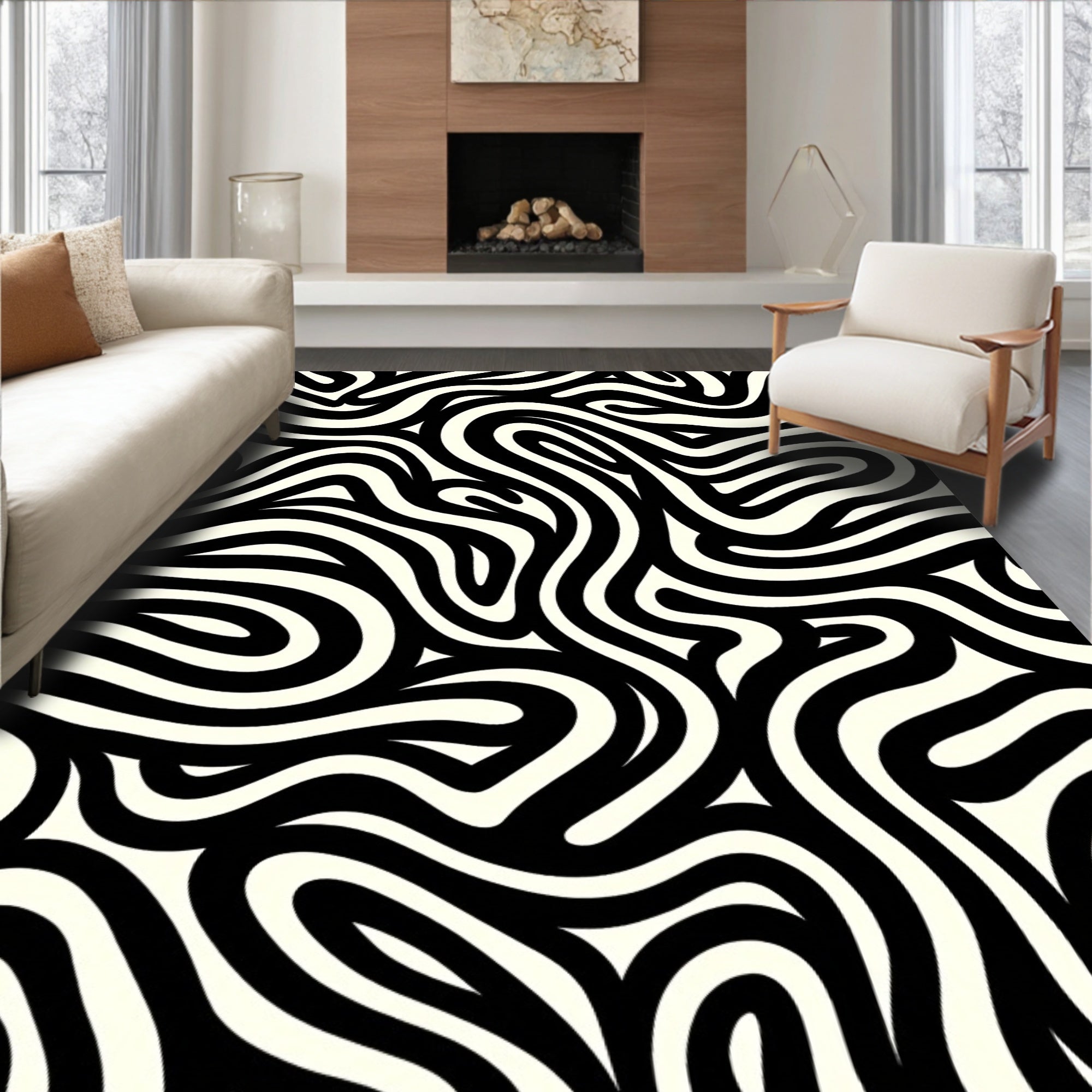 Abstract Black White Swirl Pattern Rug