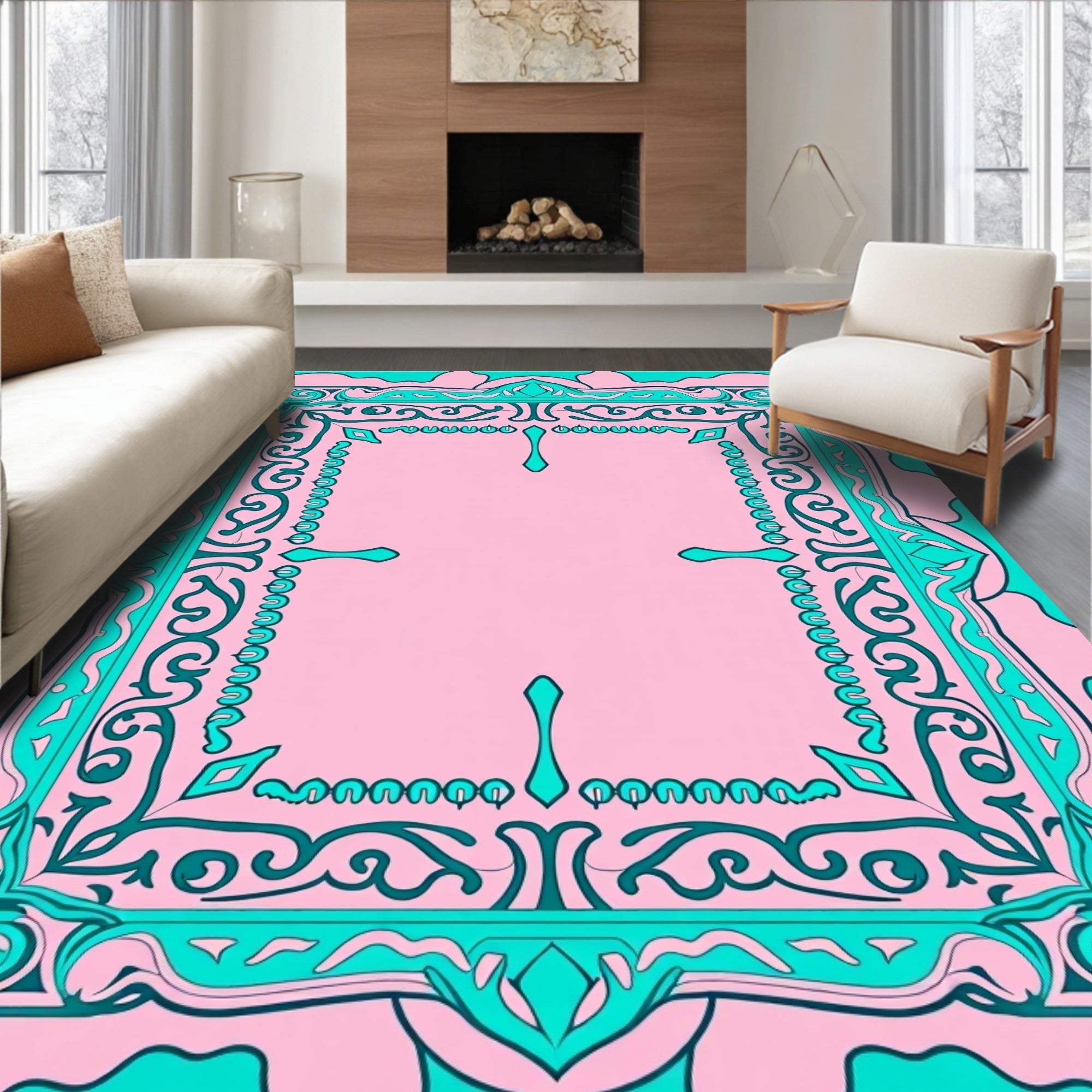 Ornate Pink Teal Floral Design Rug