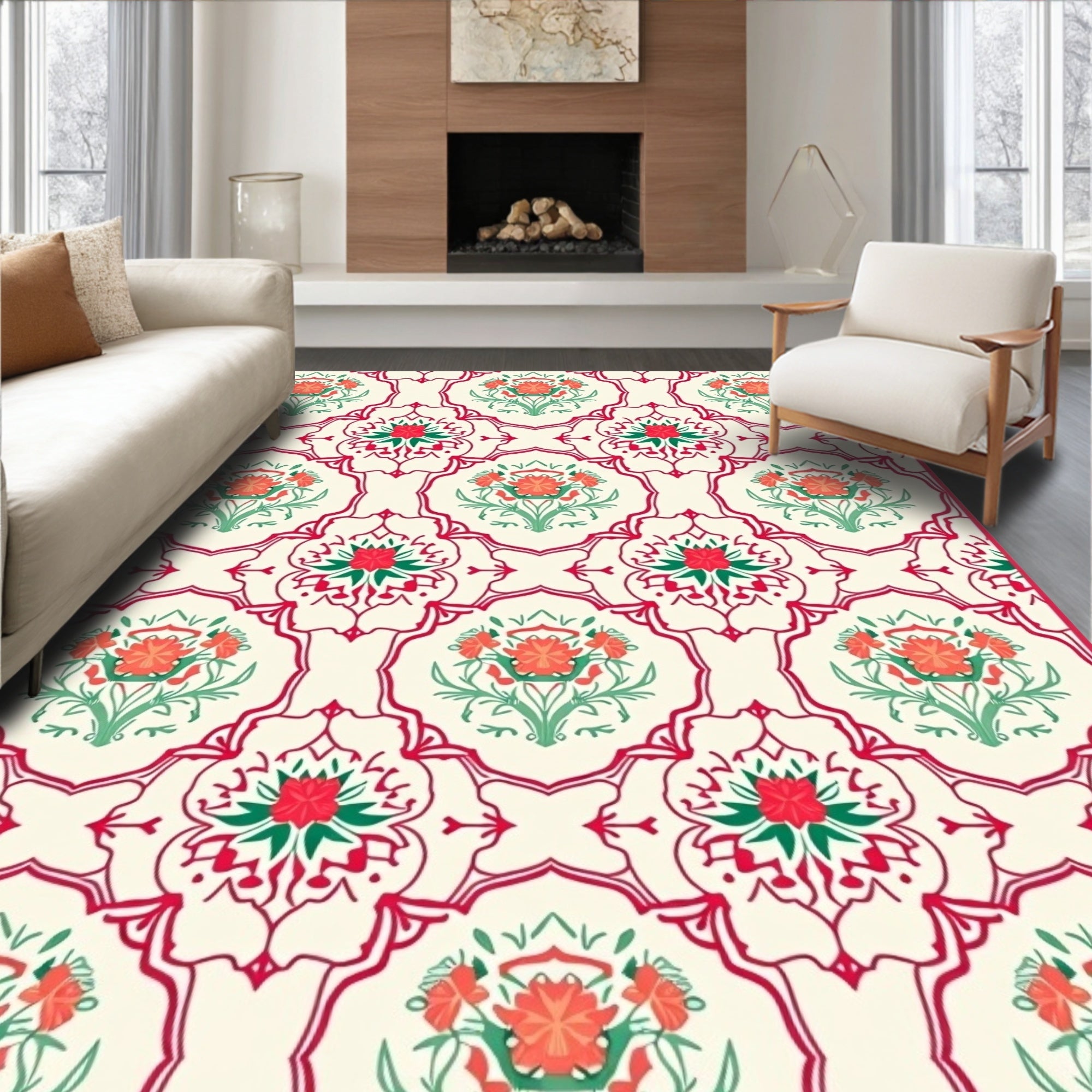 Ornate Floral Medallion Red Green Pattern Rug