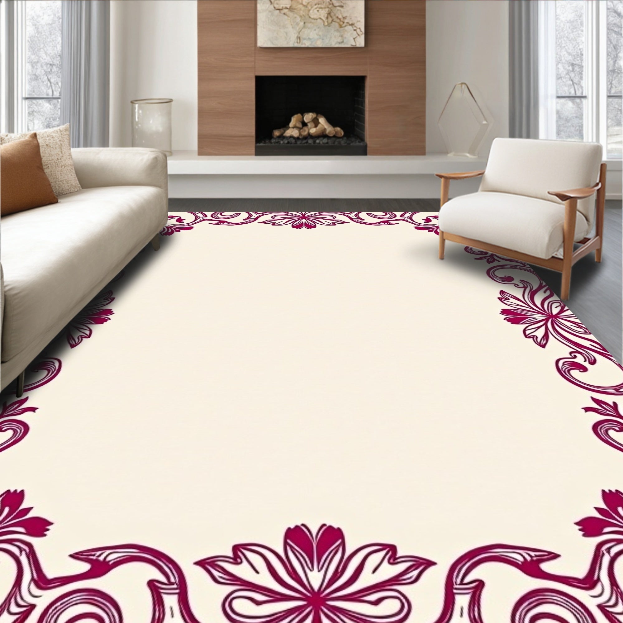 Ornate Red Floral Border Design Rug