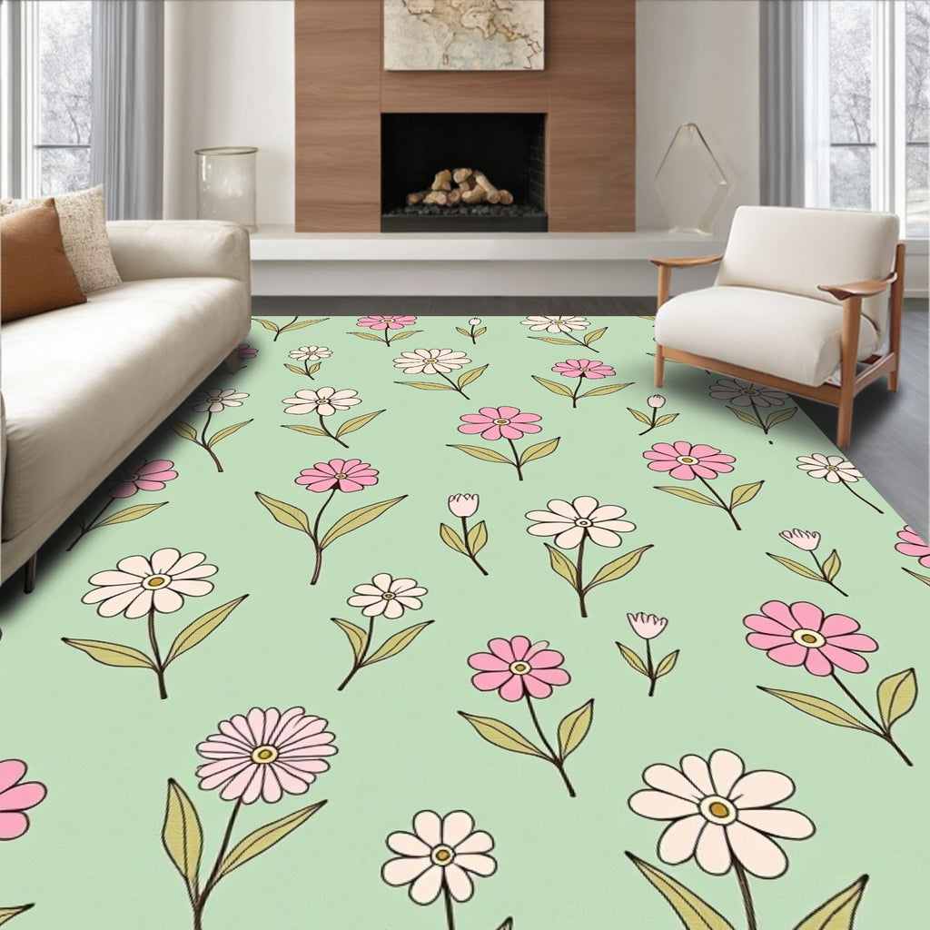 Pastel Pink White Daisy Pattern Rug