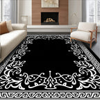 Ornate White Damask Scrollwork Design Rug