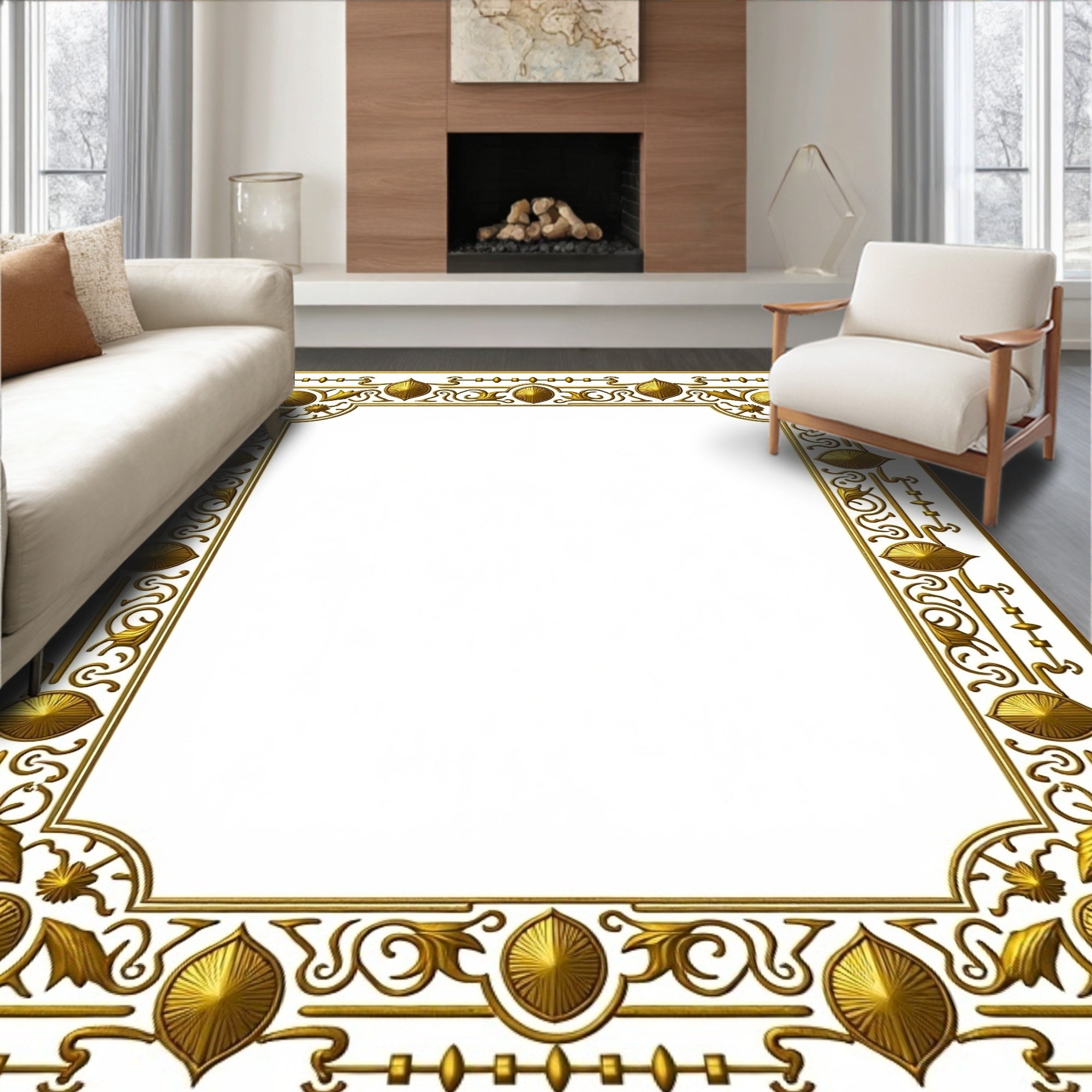 Ornate Golden Scroll and Leaf Border Rug