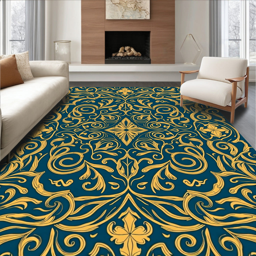 Ornate Golden Scrollwork Pattern Rug