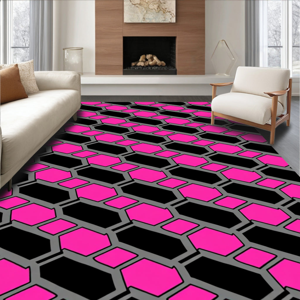 Dynamic Pink Hexagonal Pattern Rug