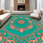Ornate Teal Coral Floral Scroll Design Rug