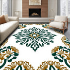 Elegant Deep Green Gold Floral Medallion Rug