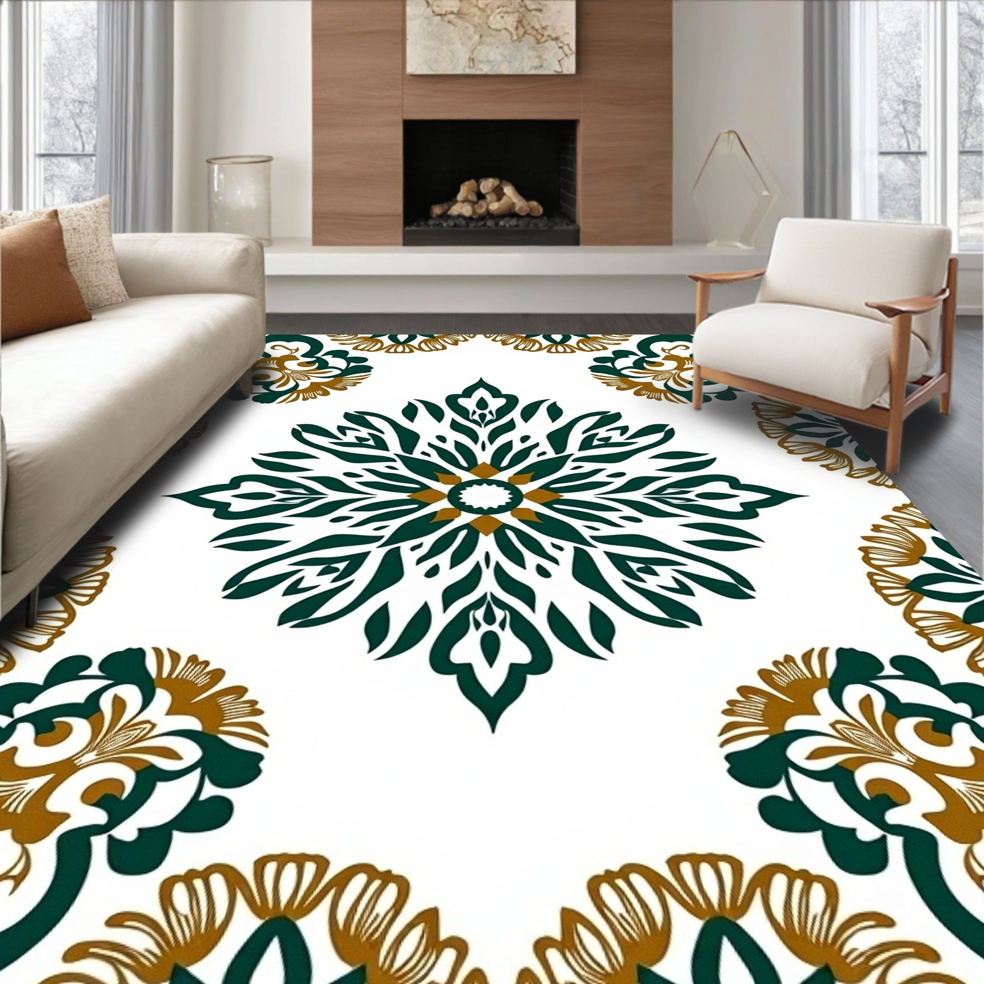 Elegant Deep Green Gold Floral Medallion Rug