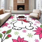 Pink Poinsettia Snowman Winter Scene Rug