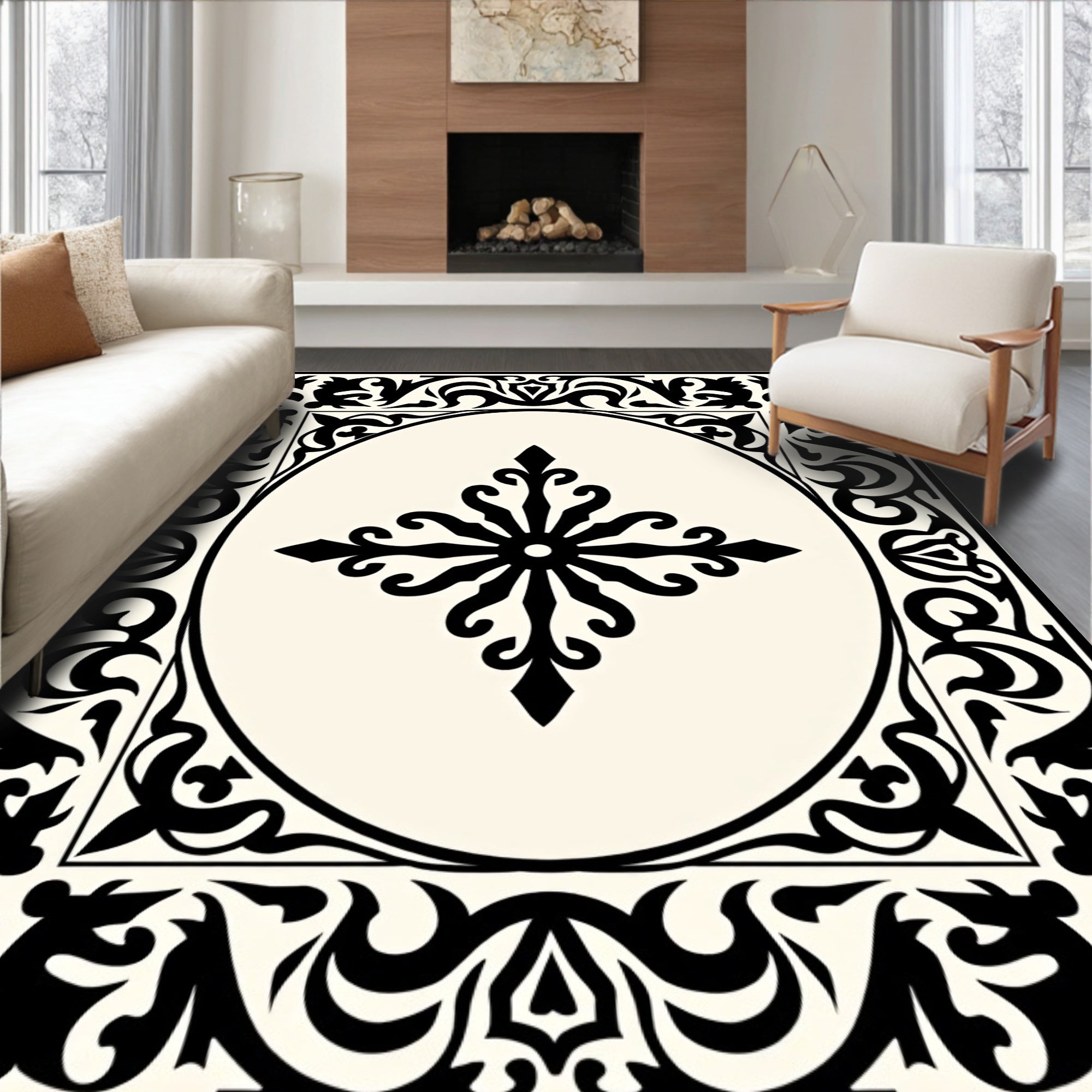 Ornate Black Ivory Floral Medallion Rug