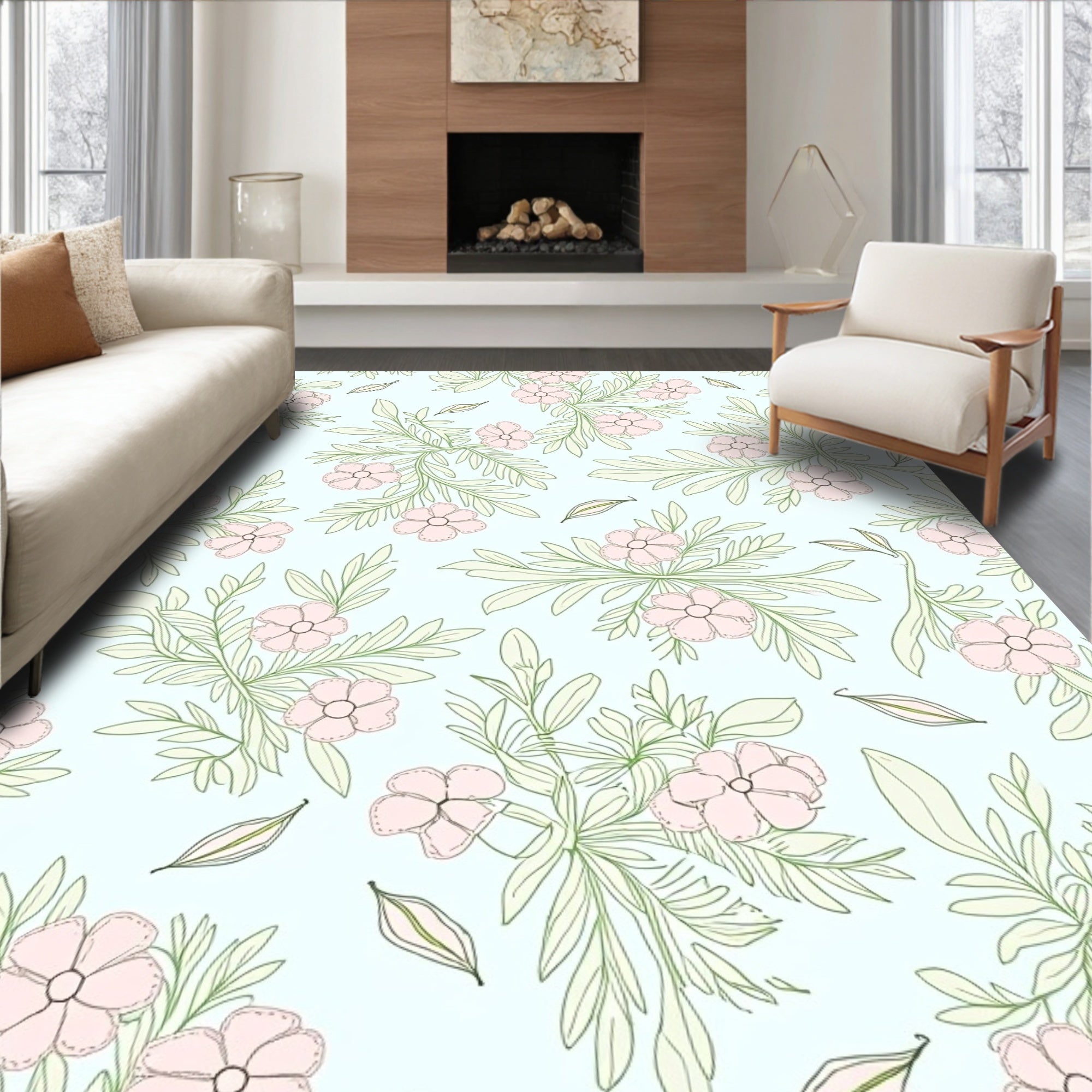 Soft Pink Floral Vine Pattern Rug