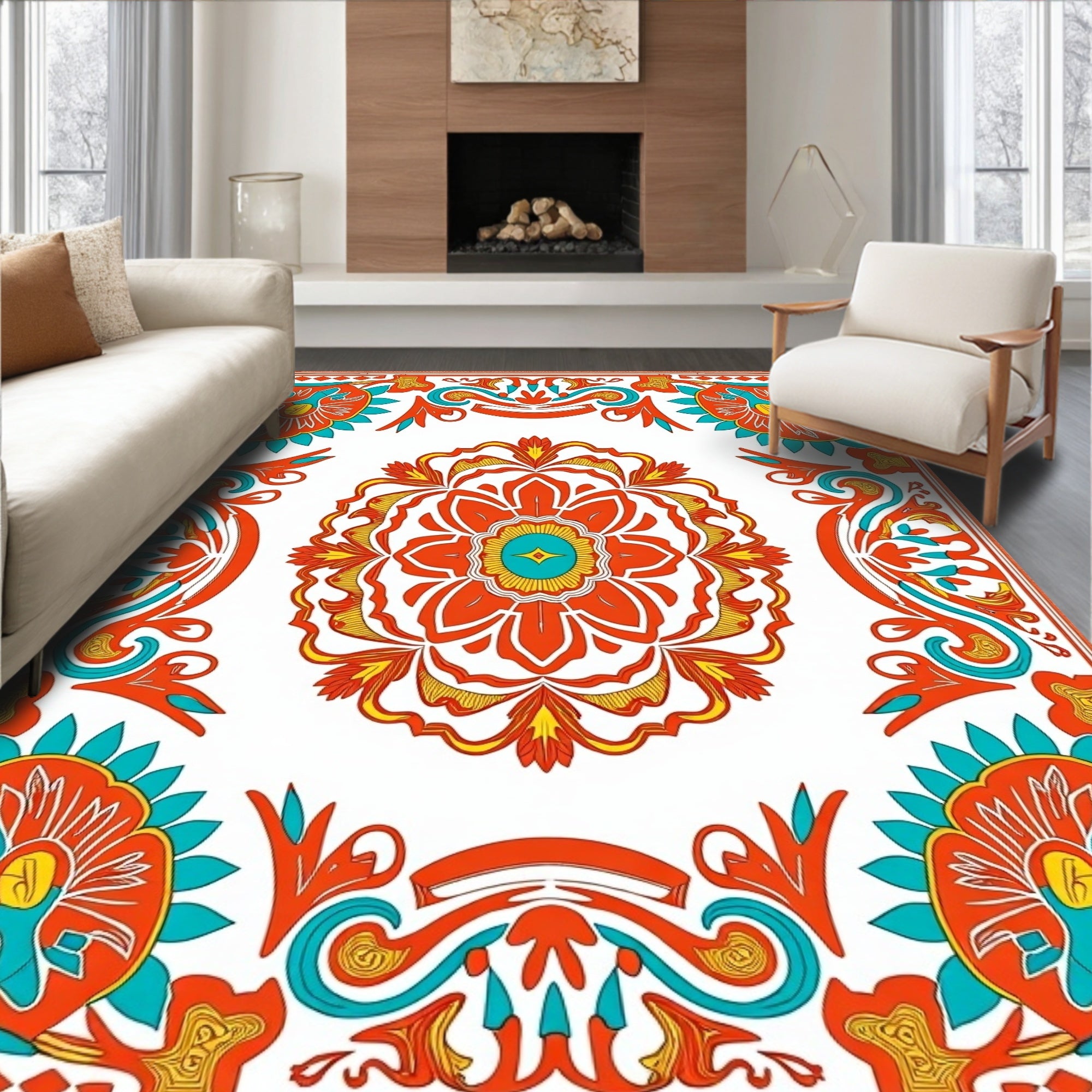 Vibrant Floral Medallion Patterned Design Rug