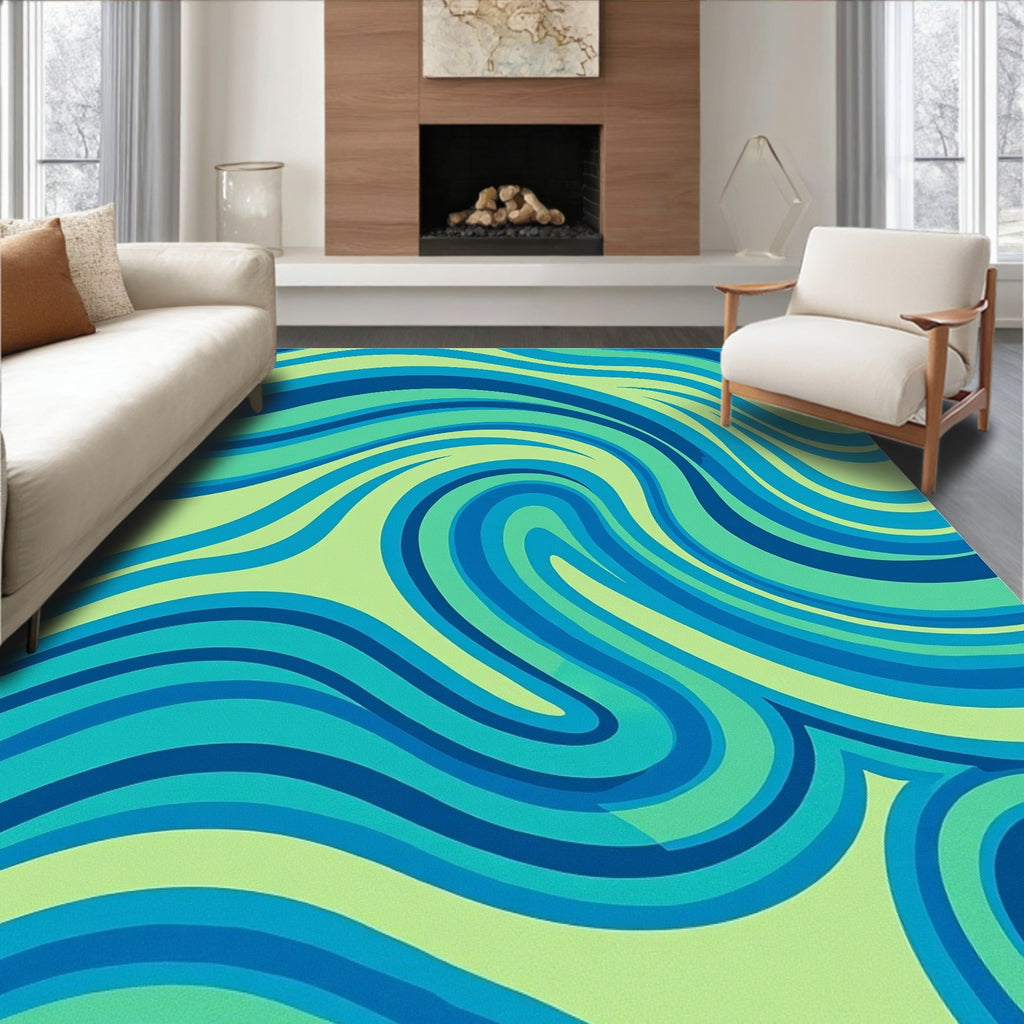 Blue and Green Swirling Waves Rug