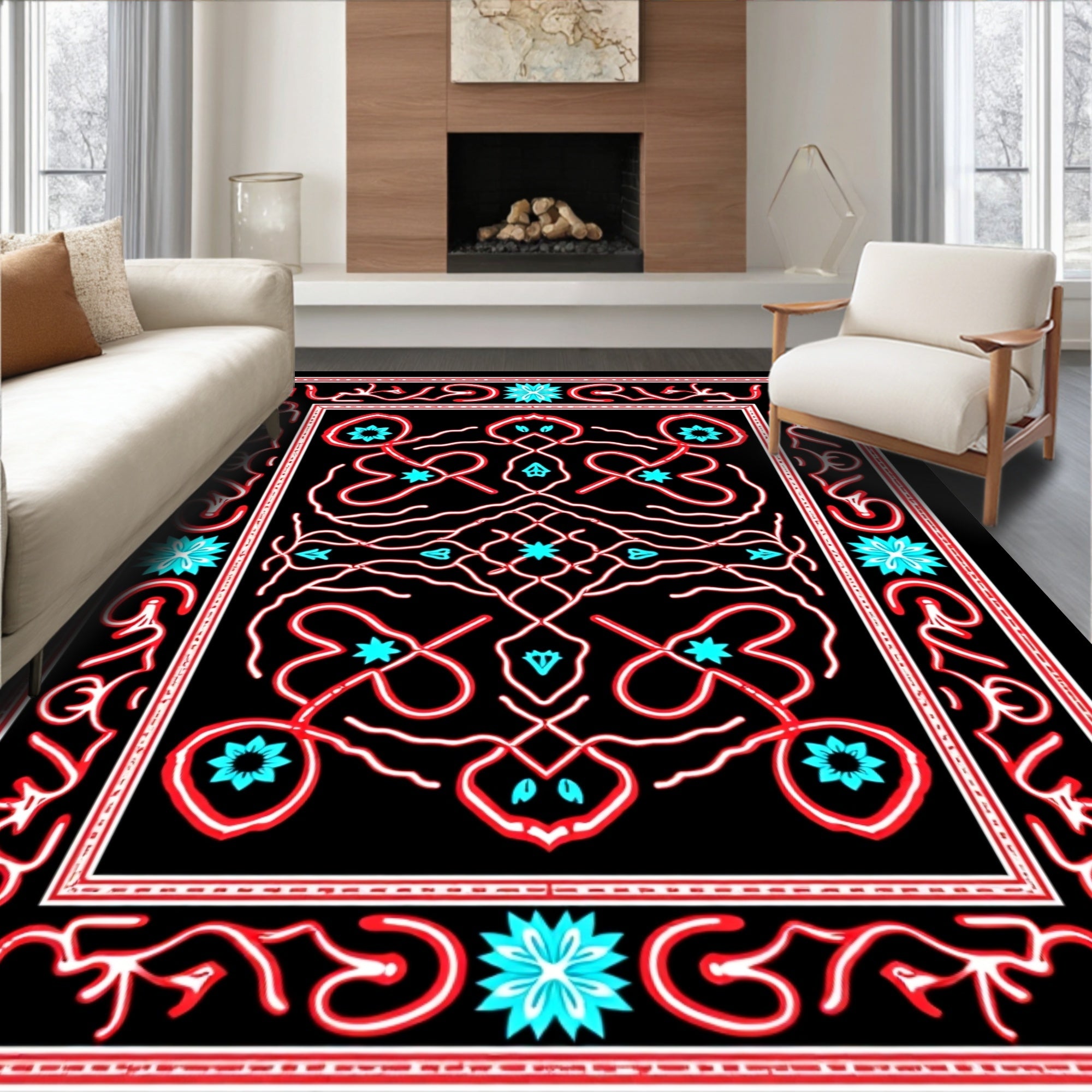 Red Cyan Swirl Medallion Black Rug