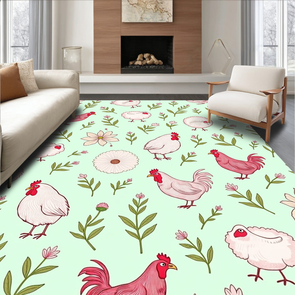 Farmhouse Chicken Floral Pastel Design Rug