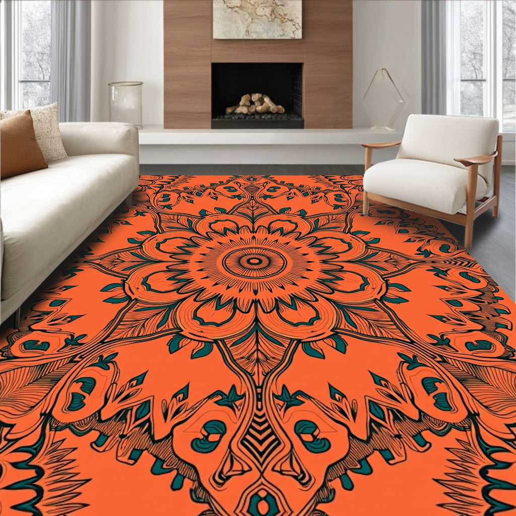 Mandala Floral Patterned Orange Rug