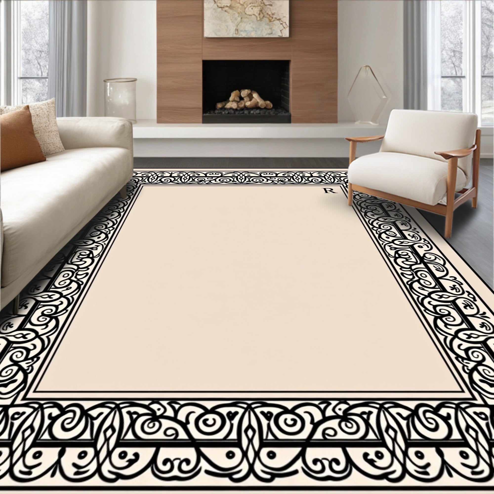 Ornate Black Scrollwork Textured Rug