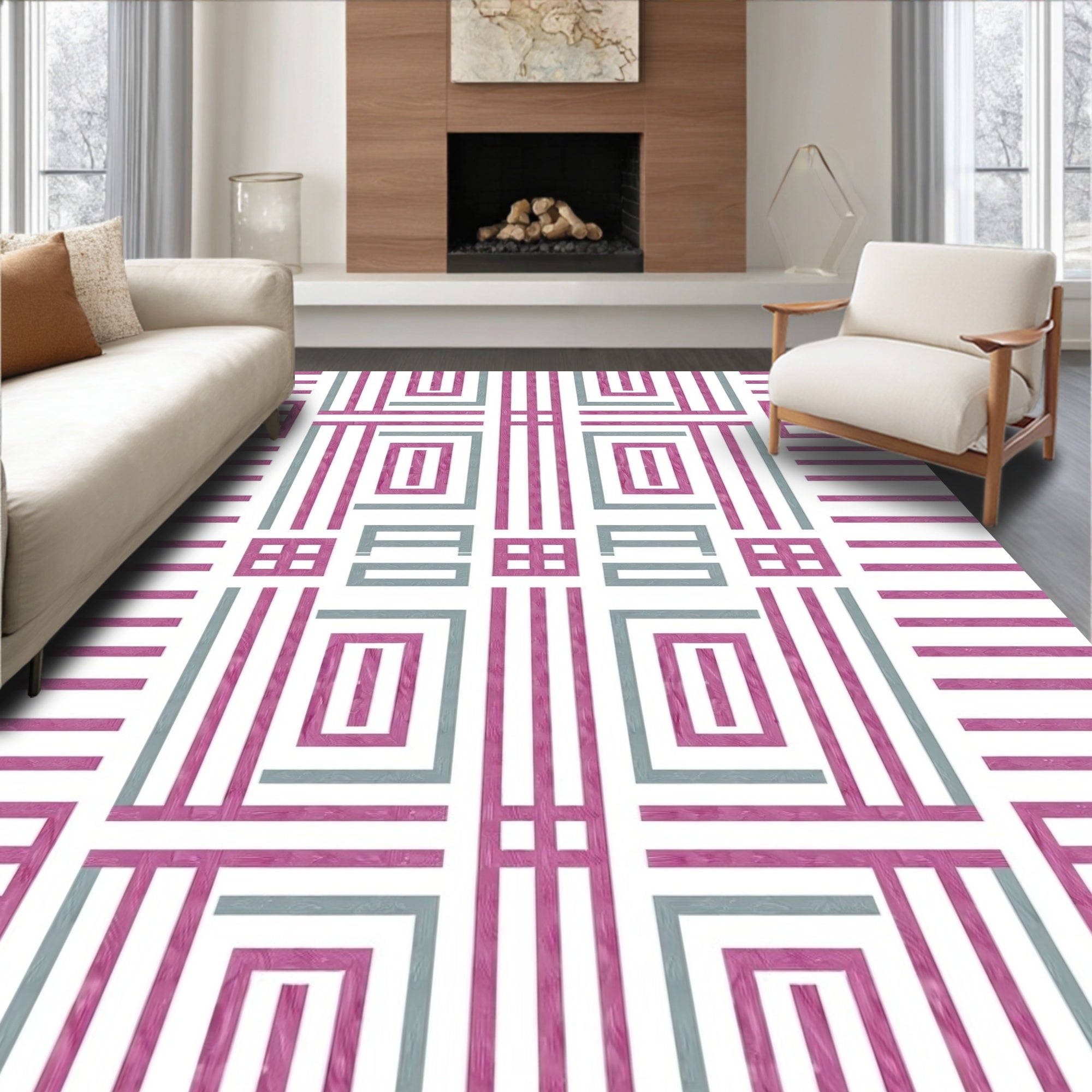 Geometric Pink Teal Grid Pattern Rug