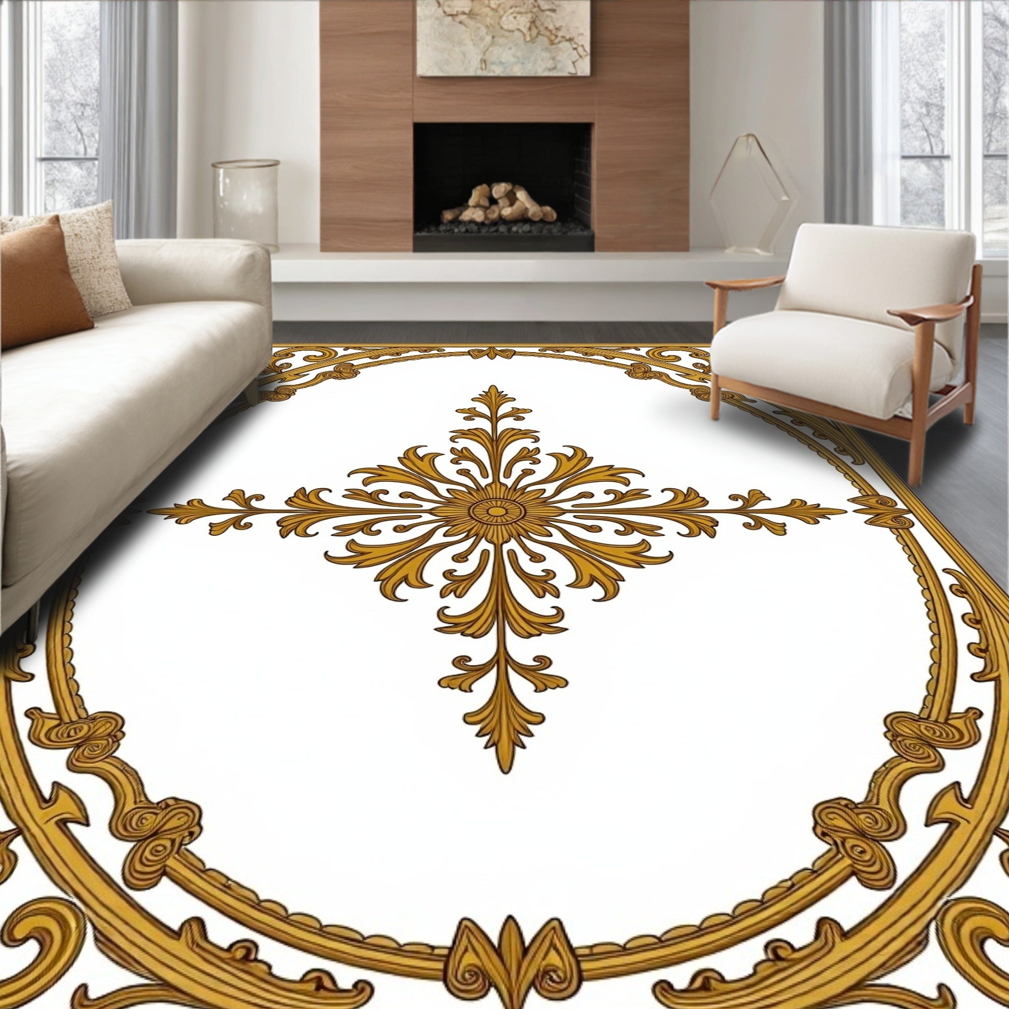Golden Rococo Floral Motif Rug