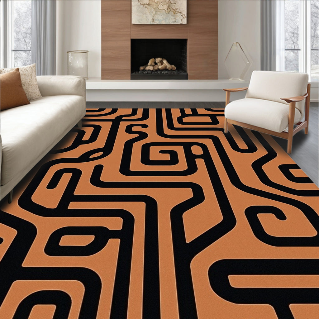 Abstract Maze Black Orange Rug