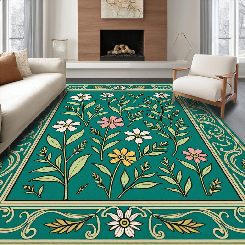Floral Meadow With Ornate Border Rug