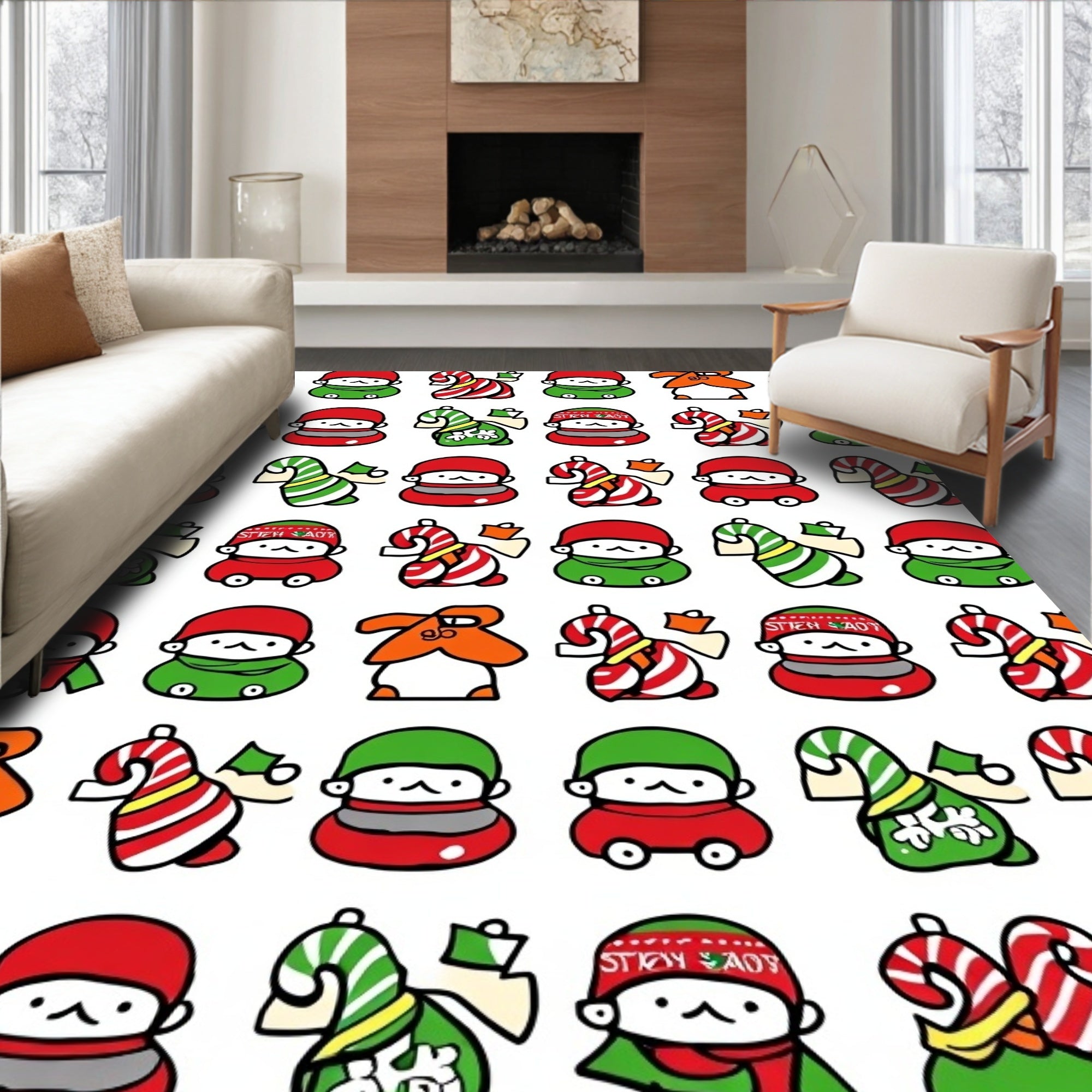 Festive Red Green Character Candy Cane Ensemble Rug