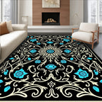 Black Teal Floral Scrollwork Pattern Rug